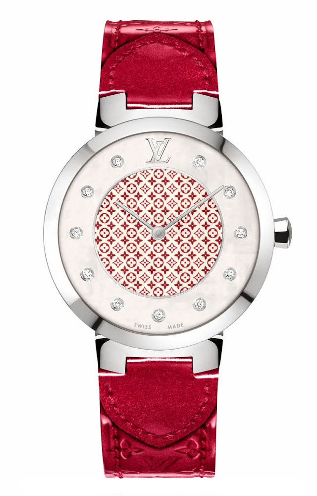 Authentic LOUIS VUITTON Tambour Pink with Diamonds Quartz Leather Ladies  Watch